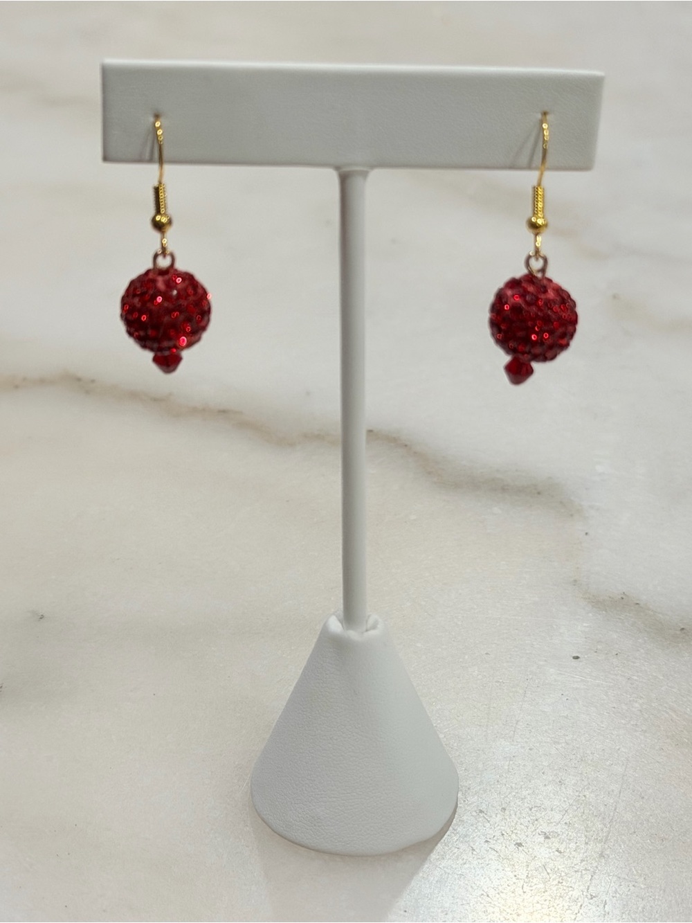 Red Crystal Ball Drop Earrings Handmade Gold Tone Evening Jewelry